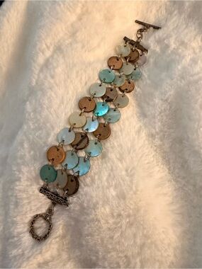 Multi-Row Shell Disc Bracelet in Aqua, Brown and Cream Tones